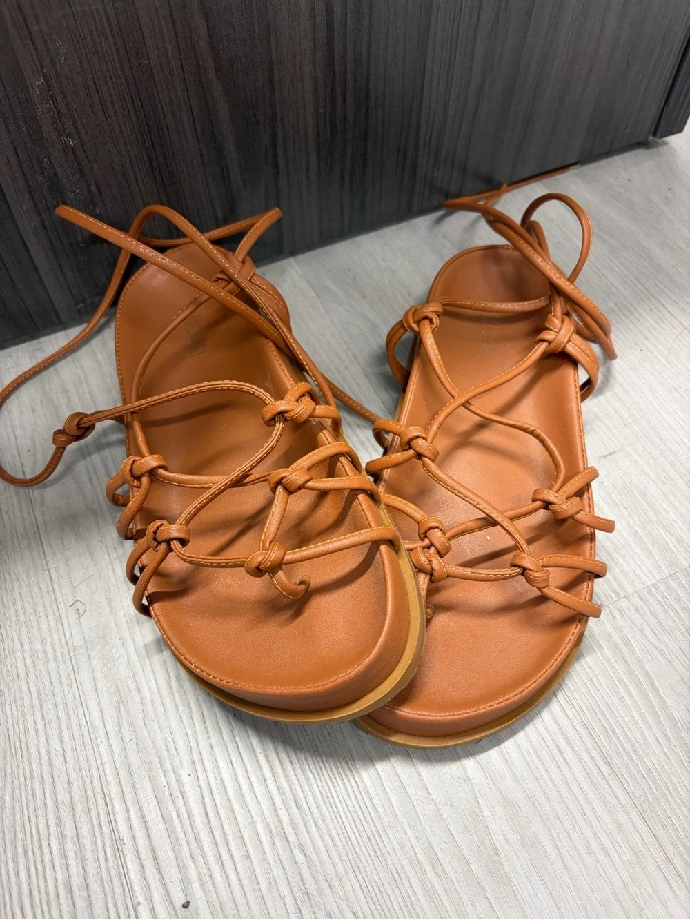 Women's Knotted Lace-Up Sandals in Cognac Brown